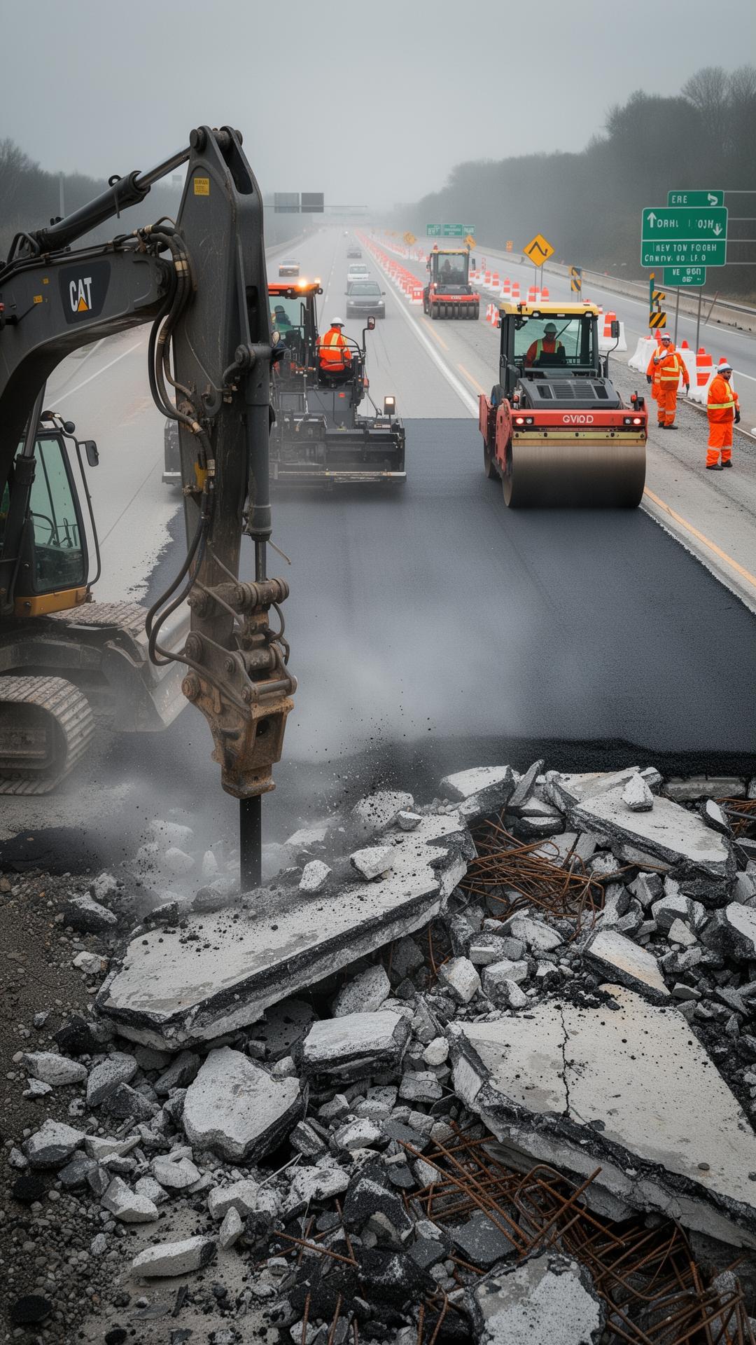 Construction site with mobile crusher and recycled aggregate piles