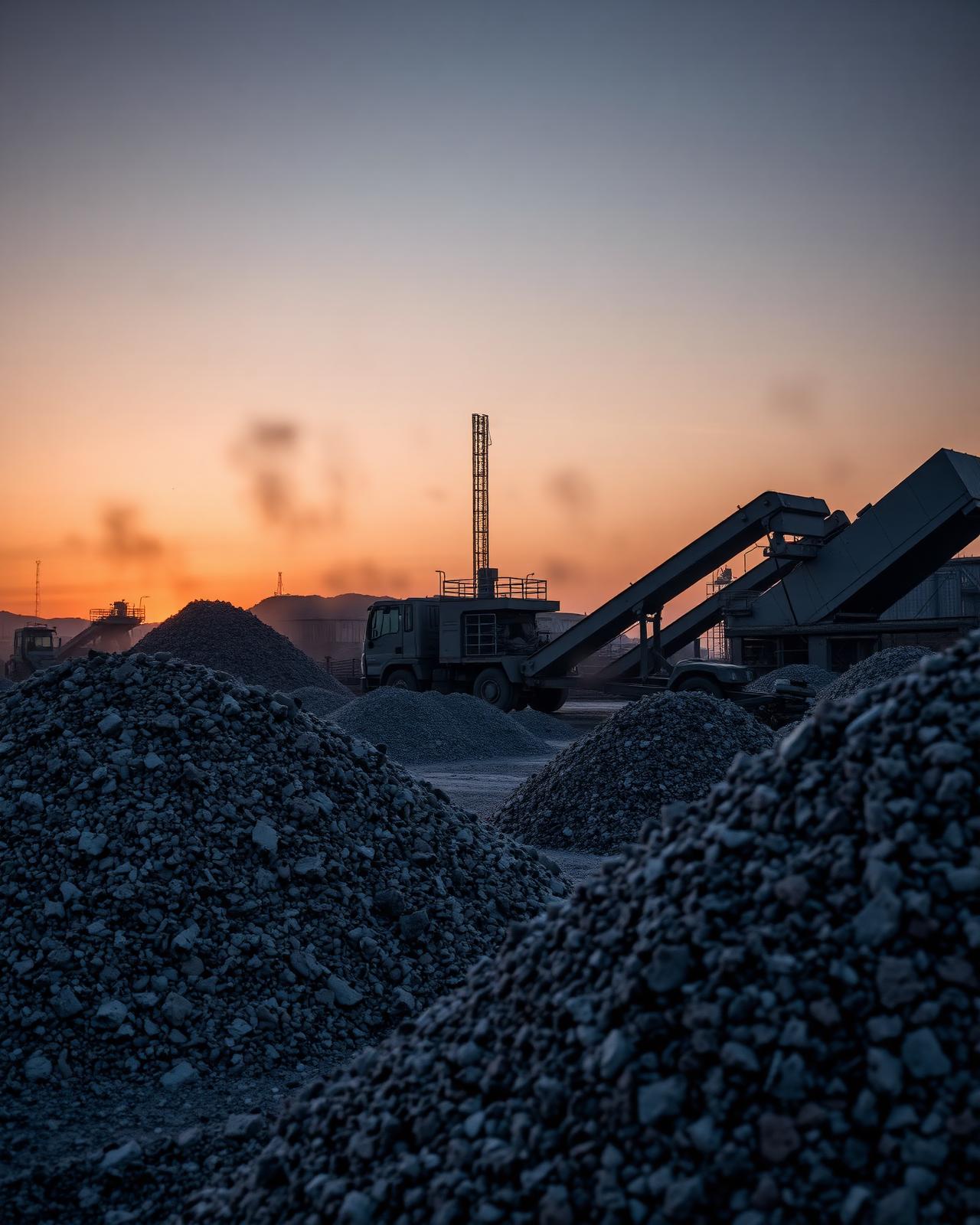 Construction site with mobile crusher and recycled aggregate piles